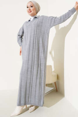 Gömlek Yaka Basic Triko Elbise Gri - Thumbnail