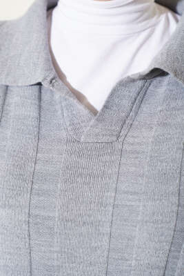 Gömlek Yaka Basic Triko Elbise Gri - Thumbnail