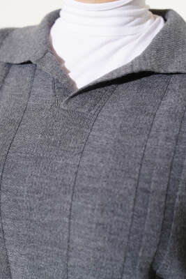 Gömlek Yaka Basic Triko Elbise Füme - Thumbnail