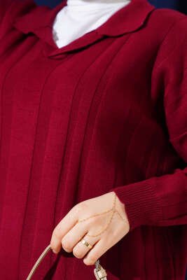 Gömlek Yaka Basic Triko Elbise Bordo - Thumbnail