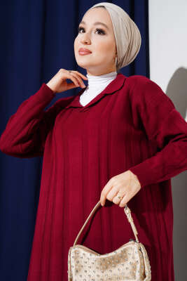 Gömlek Yaka Basic Triko Elbise Bordo - Thumbnail