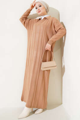 Gömlek Yaka Basic Triko Elbise Bisküvi - Thumbnail