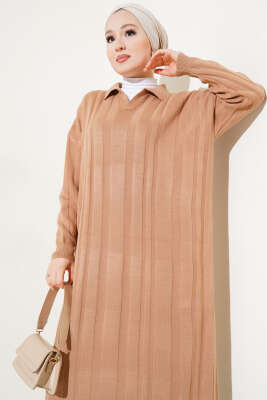 Gömlek Yaka Basic Triko Elbise Bisküvi - Thumbnail