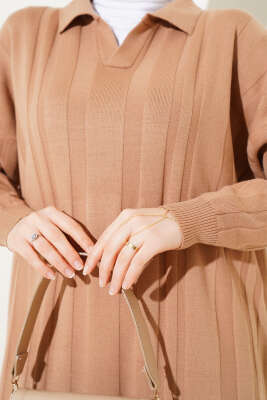 Gömlek Yaka Basic Triko Elbise Bisküvi - Thumbnail