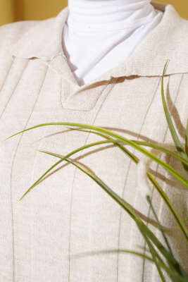 Gömlek Yaka Basic Triko Elbise Bej - Thumbnail