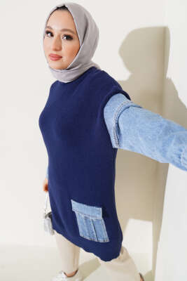 	 Kot Kol ve Cepli Angora Tunik Lacivert - Thumbnail