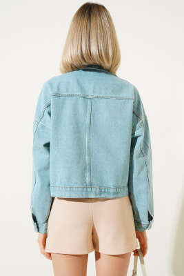 Çift Göğüs Cepli Kısa Kot Ceket Su Yeşili - Thumbnail