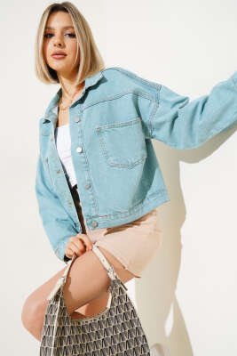 Çift Göğüs Cepli Kısa Kot Ceket Su Yeşili - Thumbnail