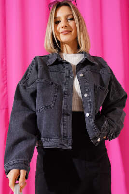 Çift Göğüs Cepli Kısa Kot Ceket Antrasit - Thumbnail