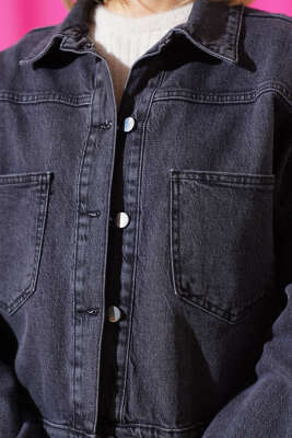 Çift Göğüs Cepli Kısa Kot Ceket Antrasit - Thumbnail