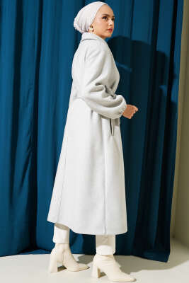 Önü Düğmeli Kuşaklı Kaşe Kaban Melanj Gri - Thumbnail