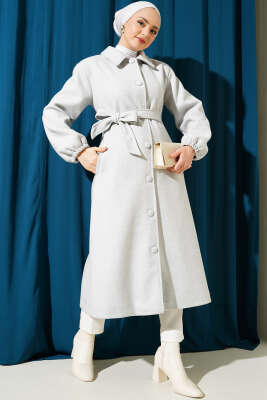 Önü Düğmeli Kuşaklı Kaşe Kaban Melanj Gri - Thumbnail