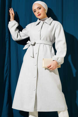 Önü Düğmeli Kuşaklı Kaşe Kaban Melanj Gri - Thumbnail