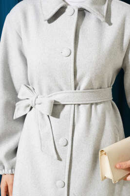 Önü Düğmeli Kuşaklı Kaşe Kaban Melanj Gri - Thumbnail