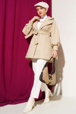 Balon Kol Kuşaklı Astarlı Kaşe Kaban Latte - Thumbnail