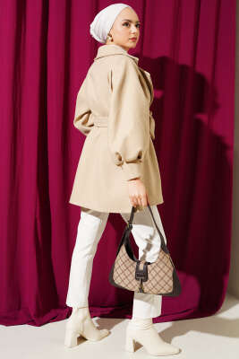 Balon Kol Kuşaklı Astarlı Kaşe Kaban Latte - Thumbnail