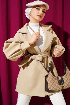 Balon Kol Kuşaklı Astarlı Kaşe Kaban Latte - Thumbnail