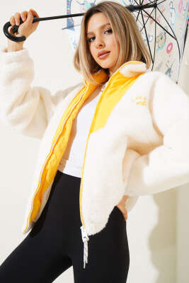 Pazarium - Garnili Fermuarlı Peluş Mont Sarı