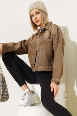 Çift Göğüs Cepli Kısa Kot Ceket Taba - Thumbnail