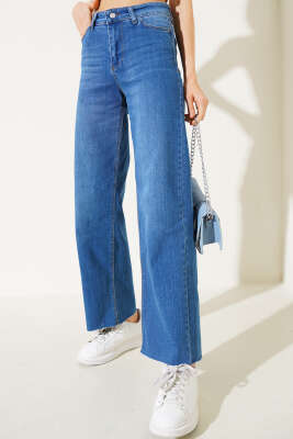 Pazarium - Paçası Püsküllü Palazzo Kot Pantolon Mavi