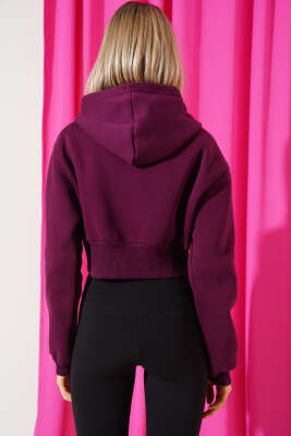 Üç İplik Kapüşonlu Crop Hırka Menekşe - Thumbnail