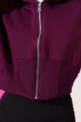 Üç İplik Kapüşonlu Crop Hırka Menekşe - Thumbnail