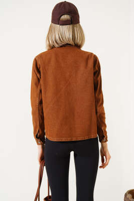 Göğüs Cepli Metal Düğmeli Kısa Kot Ceket Taba - Thumbnail