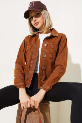 Göğüs Cepli Metal Düğmeli Kısa Kot Ceket Taba - Thumbnail