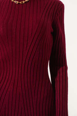 Asimetrik Fitilli Kısa Triko Elbise Bordo - Thumbnail