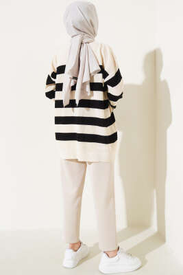 Çizgili Pirinç Örgü Salaş Triko Tunik Bej - Thumbnail
