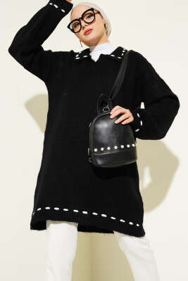 Gömlek İşi Şeritli Yumoş Triko Tunik Siyah - Thumbnail