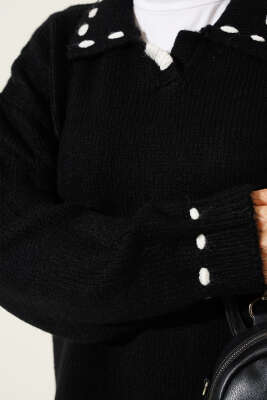 Gömlek İşi Şeritli Yumoş Triko Tunik Siyah - Thumbnail