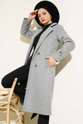 Pazarium - Kruvaze Yaka İki Düğmeli Kaşe Kaban Gri