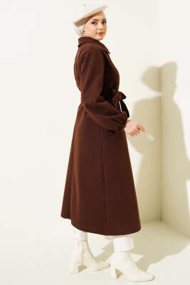 Önü Düğmeli Kuşaklı Kaşe Kaban Acı Kahve - Thumbnail