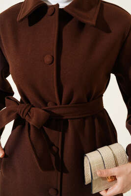 Önü Düğmeli Kuşaklı Kaşe Kaban Acı Kahve - Thumbnail