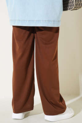 Çımalı Bel Lastikli Geniş Paça Pantolon Kahve - Thumbnail