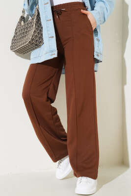 Çımalı Bel Lastikli Geniş Paça Pantolon Kahve - Thumbnail
