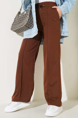 Çımalı Bel Lastikli Geniş Paça Pantolon Kahve - Thumbnail