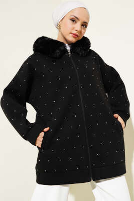 Taşlı Kürklü Üç İplik Hırka Siyah - Thumbnail