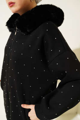 Taşlı Kürklü Üç İplik Hırka Siyah - Thumbnail