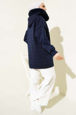 Taşlı Kürklü Üç İplik Hırka Lacivert - Thumbnail