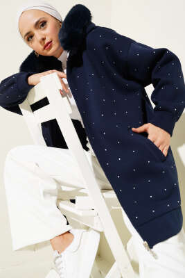 Taşlı Kürklü Üç İplik Hırka Lacivert - Thumbnail