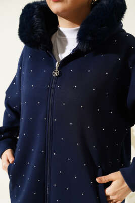 Taşlı Kürklü Üç İplik Hırka Lacivert - Thumbnail