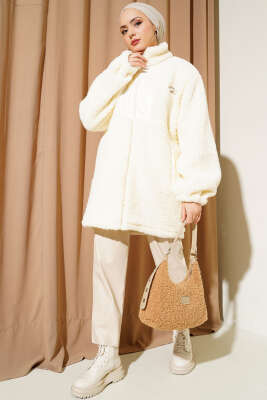 Cepli Fermuarlı Peluş Mont Ekru - Thumbnail