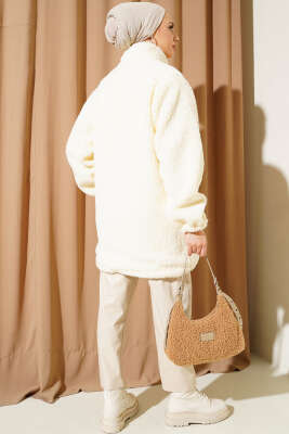 Cepli Fermuarlı Peluş Mont Ekru - Thumbnail