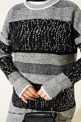 Pullu Çizgili Triko Tunik Siyah - Thumbnail