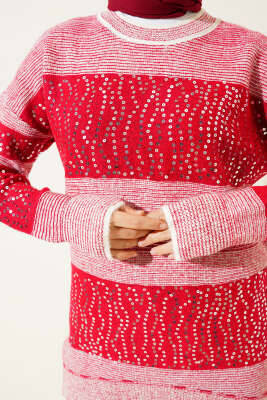 Pullu Çizgili Triko Tunik Kırmızı - Thumbnail