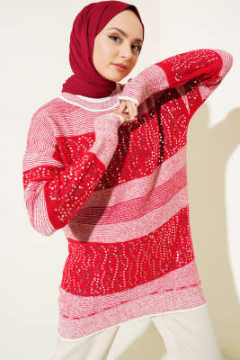 Pullu Çizgili Triko Tunik Kırmızı - Thumbnail