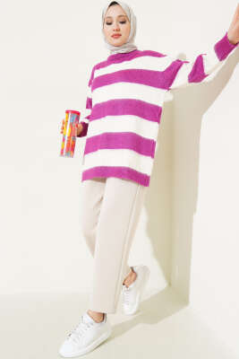 Yatay Çizgili Yumoş Triko Tunik Fuşya - Thumbnail