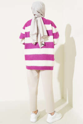 Yatay Çizgili Yumoş Triko Tunik Fuşya - Thumbnail